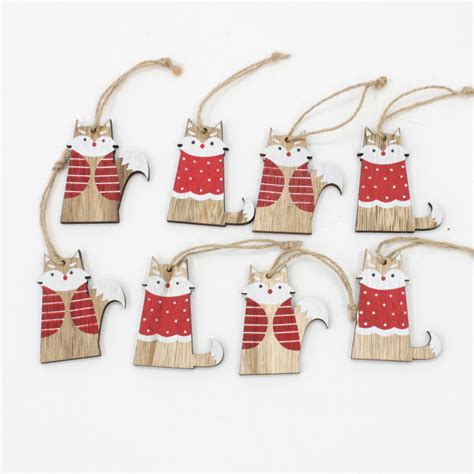 Set of 8 Christmas XMAS Wooden Tree Ornaments Fox Hanging Decoration Decor 6cm - Fresh Idea Living