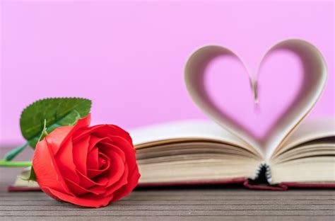 Páginas de libro en forma de corazón curvo con rosa roja Foto Premium