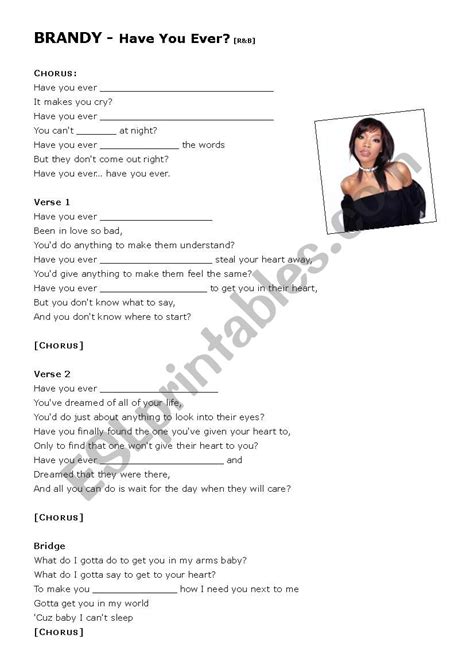 Have You Ever Song Lyrics Fill In The Blanks Esl Worksheet By