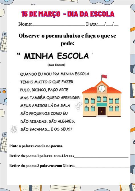 Atividades para o dia da escola Educação Infantil e Ensino Fundamental