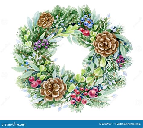 Christmas Wreath Winter Round Frame Isolated On White Watercolor