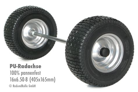 Radachse mit pannenfesten PU Rädern 16x6 50 8 410x165mm Stahlfelge