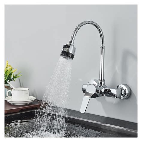 Chrome Wall Mounted Dual Hole Kitchen Faucet Lead Free Hot Cold Water