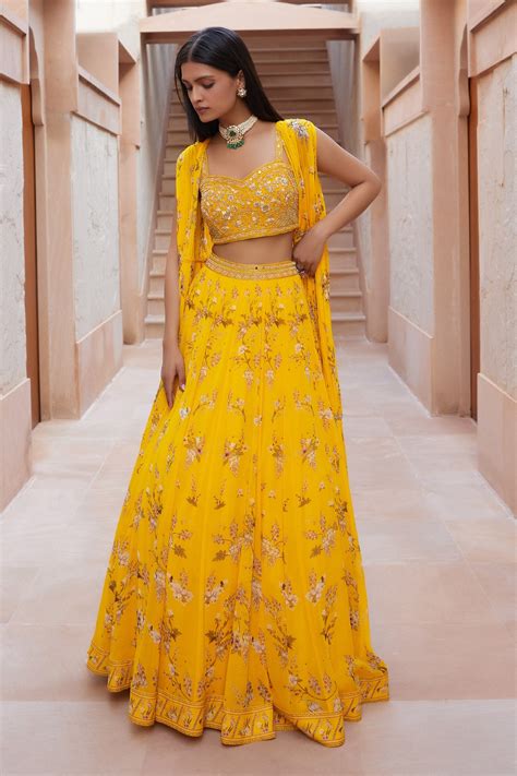 Buy Yellow Georgette Printed Magnolia Jacket Open Sofia Lehenga Set For