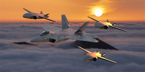 Lockheed Martin F-22 Raptor in a Formation with Combat Drones from the ...