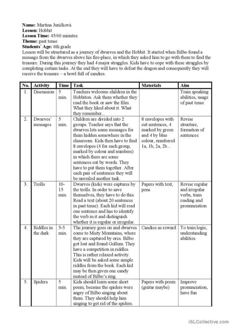 Hobbit Lesson Plan 1 English ESL Worksheets Pdf Doc