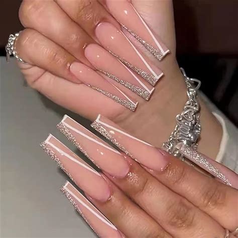 Amazon MERVF Coffin Press On Nails Extra Long Nude Fake Nails Glitter French Tip Ballerina