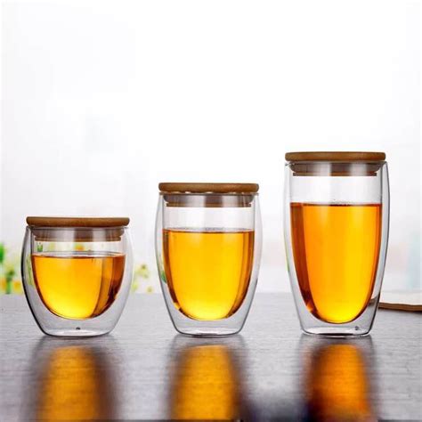 Heat Resistant High Borosilicate Double Wall Glass Cups With Bamboo Lid