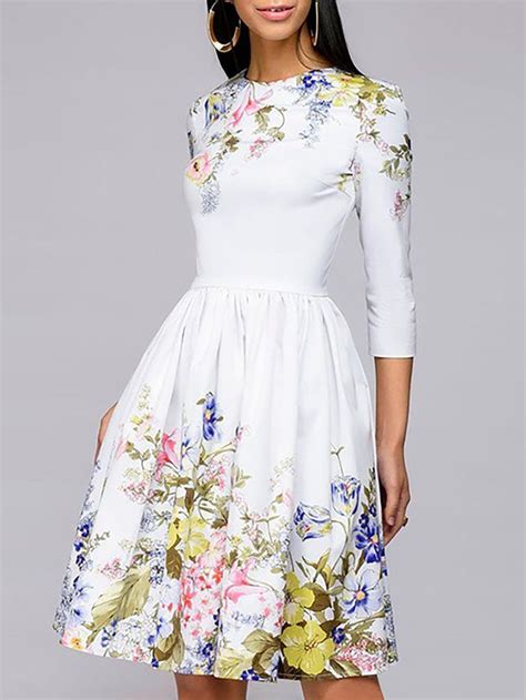 White A Line 3 4 Sleeve Floral Printed Cocktail Midi Dress Bellenovo