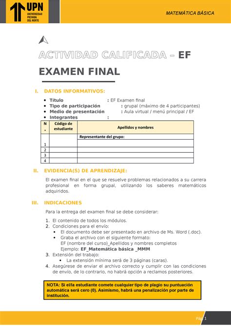 Mathbasica Upn Actividad Calificada Ef Examen Final I Datos