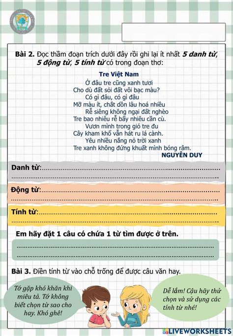 Ôn tập về danh từ động từ tính từ interactive worksheet Online