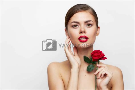 Woman With Flower Red Lips Naked Shoulders Cute Face By Shotprime Vectors Illustrations With