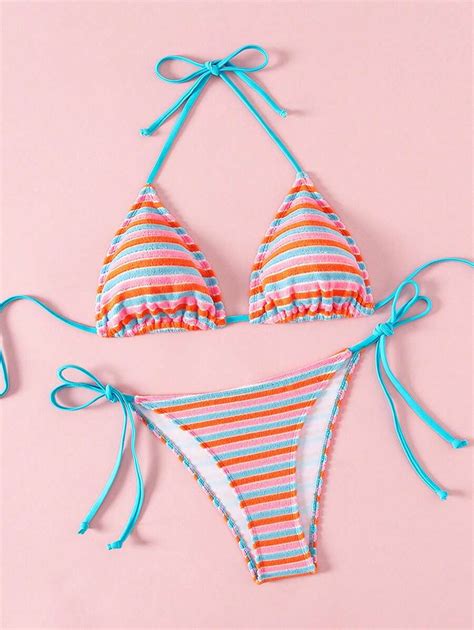 Shein X Hangout Fest Shein Swim Mod Bikini De Triángulo A Rayas Con