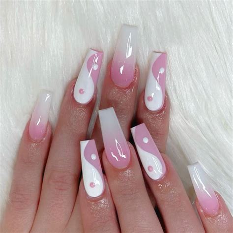 24pcs Long Ballerina False Nail Love Pattern French Coffin Fake Nails Full Cover Wearable Diy