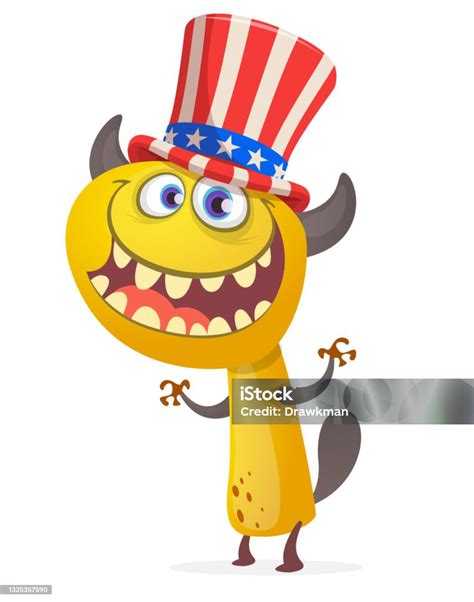 Kartun Monster Lucu Mengenakan Topi Paman Amerika Sam Pada Hari