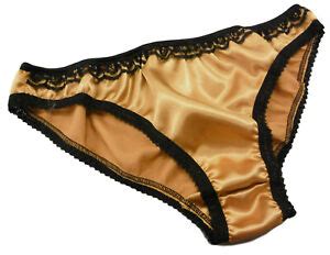 GOLDEN CARAMEL Shiny SATIN Panties Low Rise BIKINI BRIEFS Black Lace Made France EBay