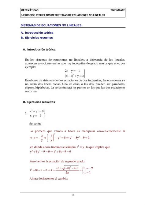 Pdf Sistemas Ecuaciones No Lineales Resueltos B Ejercicios