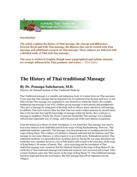 The History Of Thai Traditional Massage By Dr Pennapa Subcharoen