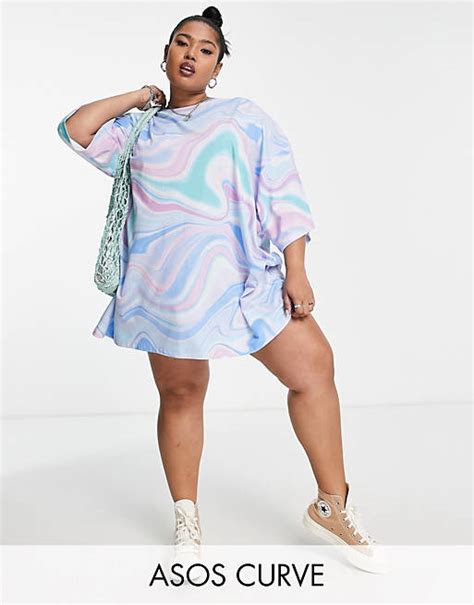 Asos Design Curve Oversized T Shirt Dress In Blue Swirl Print Asos