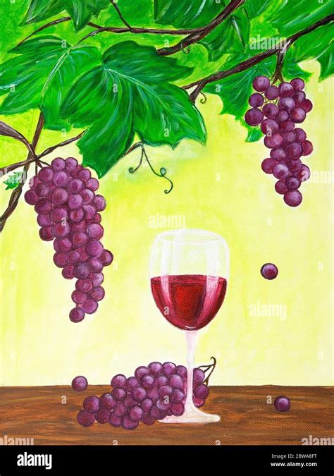 Original acrylic painting of grapes on a vine and glass of red wine on ...