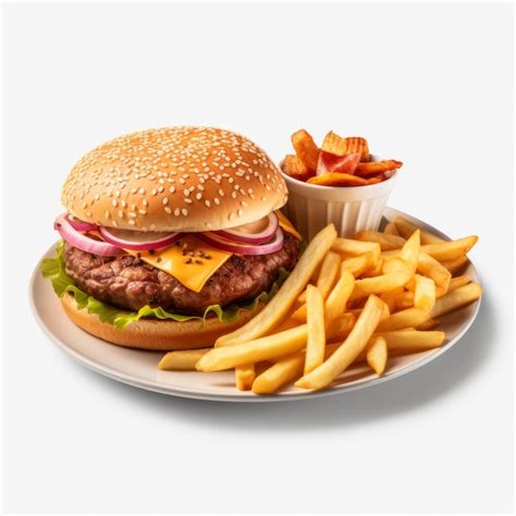 Premium AI Image Delicious Burger And Fries On A White Plate