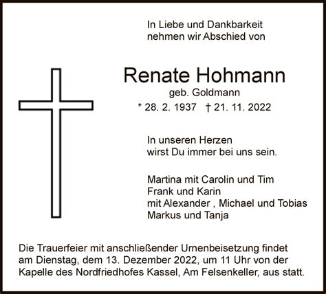 Traueranzeigen Von Renate Hohmann Trauer HNA De