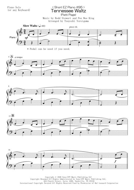 Tennessee Waltz Arr Tsuyoshi Yoroiguma By Patty Page Sheet Music For Easy Piano At Sheet