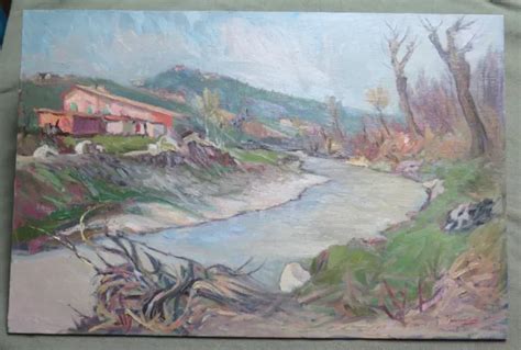 TABLEAU ANCIENNE PEINTURE Huile Paysage Rivière Signé Avec Certifié