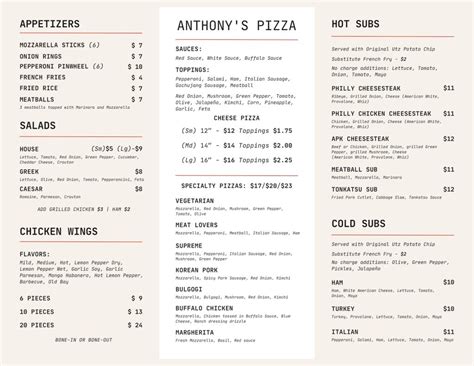 Menu Anthony S Pizza Kitchen