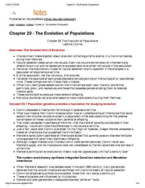 AP Biology Lecture Notes: Chapter 23 - Evolution of Populations
