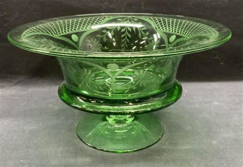 Sold At Auction Vintage Heavy Etched Green Glass Centerpiece Bowl