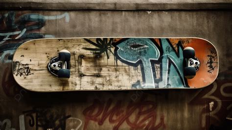 Skateboard Hanged Over Graffiti On A Wall Background Skateboard