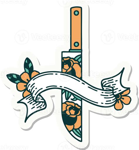 Tattoo Sticker With Banner Of A Dagger And Flowers 40284198 Png