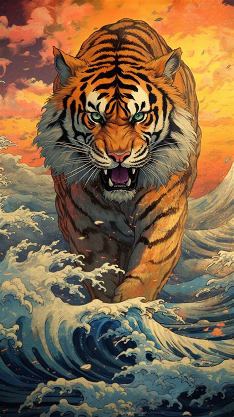 A Painting Of A Tiger Running Through The Ocean With Waves In Front Of