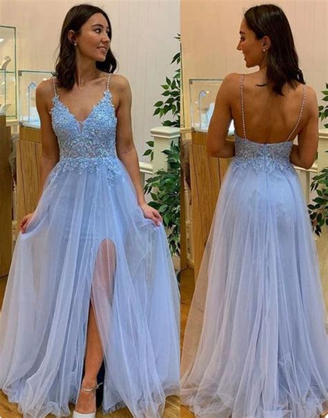 Light Blue Spaghetti Straps Prom Dresses A Line V Neck Side Etsy