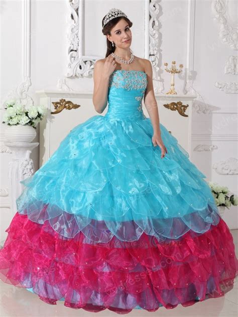 Aqua Blue And Deep Pink Cascade Skirt Quinceanera Dress