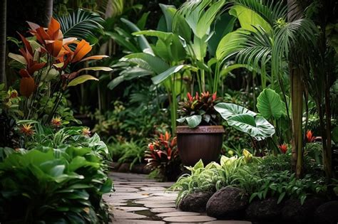 Premium AI Image | a tropical garden with tropical plants and flowers