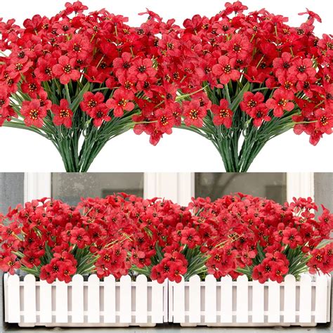 Sinhoon Bundles Artificial Flowers Outdoor Uv Resistant Fake Red