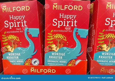 Closeup of Packages Milford Ayurvedic Herbs Tea Happy Spirit in Shelf ...
