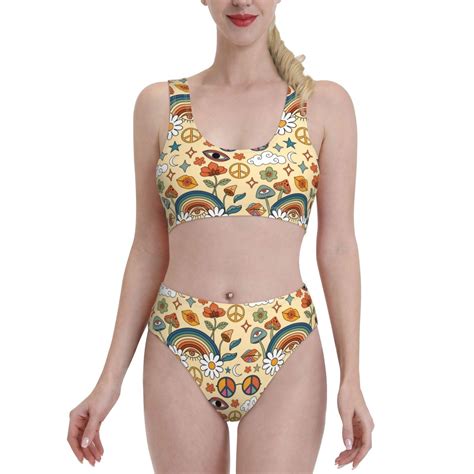 Lukts Women High Waisted Bikini Set Mushrooms And Rainbows Peace