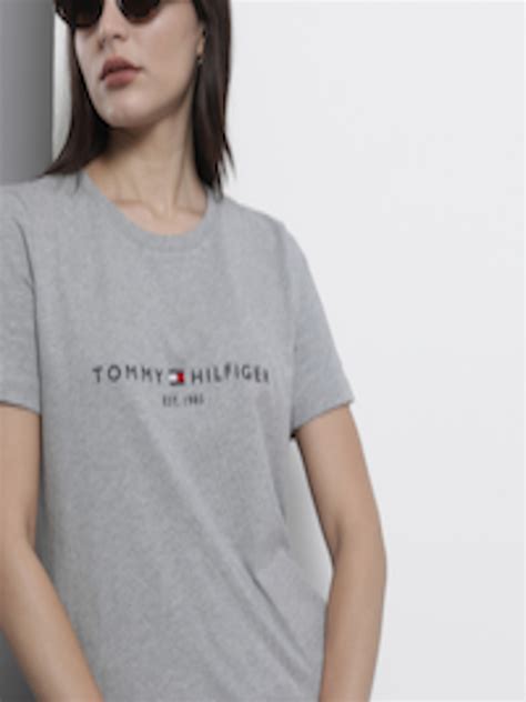 Buy Tommy Hilfiger Women Logo Embroidered Grey Organic Cotton T Shirt