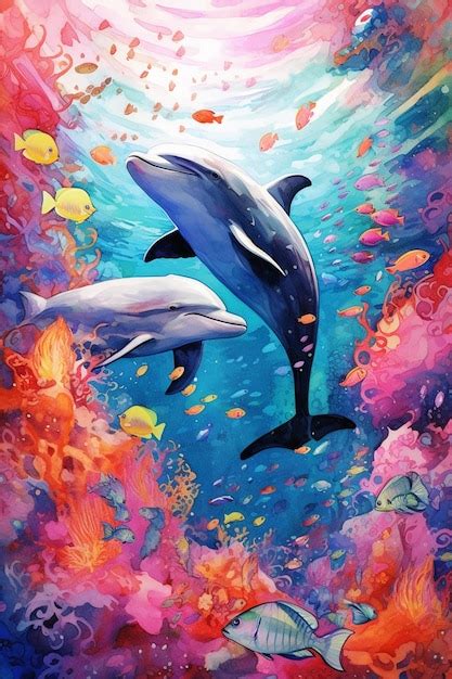 Una Pintura De Dos Delfines En El Agua Foto Premium