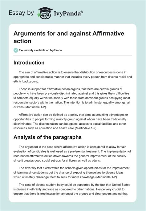 Arguments For And Against Affirmative Action 749 Words Essay Example