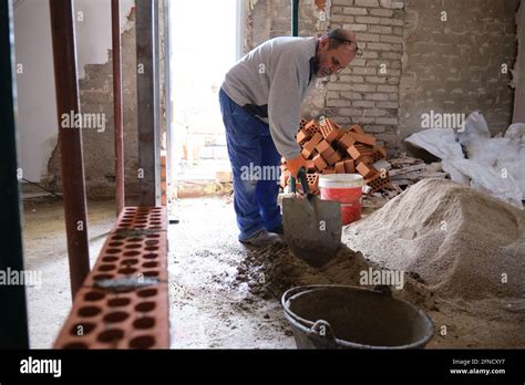 Construction Worker Preparing Cement Man Bricklaying Mason Laying