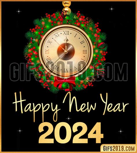 A Happy New Year Card With A Clock And Wreath