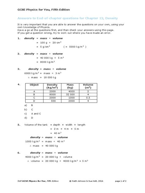 Answers To End Of Chapter Questions For Chapter 12 Density Gcse