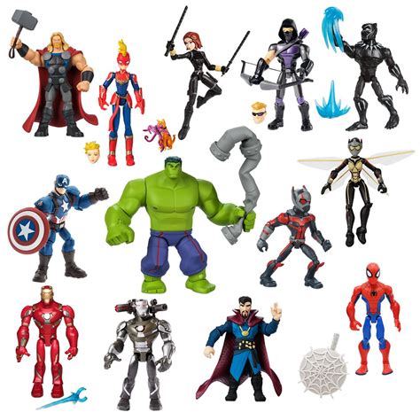 the avengers action figures are shown in various poses