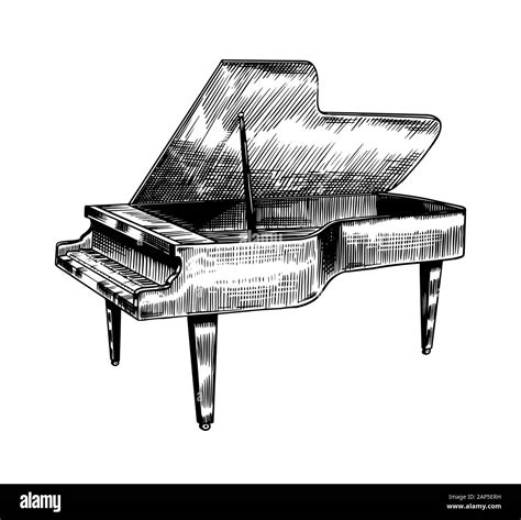 Grand Piano In Monochrome Engraved Vintage Style Hand Drawn Sketch Musical Jazz Classical