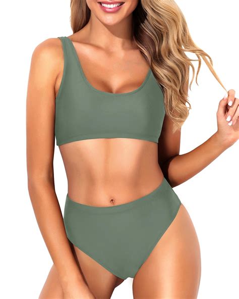 Tempt Me Women Olive Green Two Piece Scoop Neck Bikini Crop Top Swimsuit Sporty High Waisted