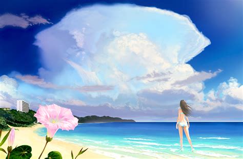 The Big ImageBoard TBIB Akio Bako Beach Bikini Clouds Flowers Long